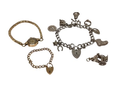 Lot 84 - 9ct gold cased ladies wristwatch on plated expandable bracelet, 9ct gold Christening bracelet and a silver charm bracelet