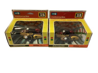 Lot 390 - Britains Motorcycles BMW Racing Combination No.9699 (x2), Chopper Trike No.9674, Go-Karts No.9640 & Glitter Bike three pack No.9654, all boxed (5)