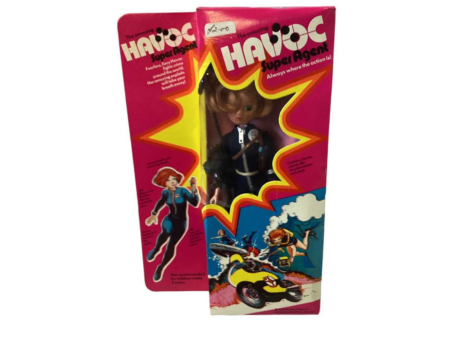 Lot 373 - Model Toys Limited The Amazing Havoc Super Agent 9 1/2" action figure, in window box No.75001 & Race Against Death outfit, on card & blister pack (2)