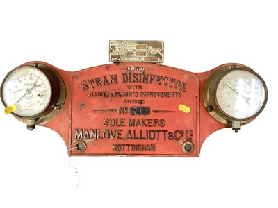 Lot 2419 - Rare late 19th century 'Lyon's Steam Disinfector' name plate / sign, with two pressure gauges, 55cm wide