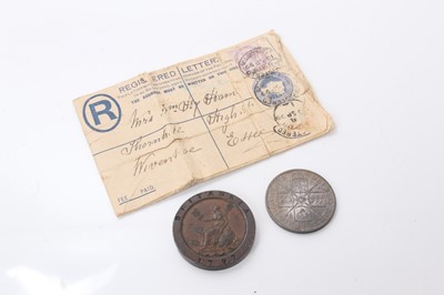 Lot 440 - G.B. - Coins to include Victoria JH Double Florin 1887 EF (N.B. With registered letter of receipt dated 19 Sept 1899) & George II 'Cartwheel' Two Pence 1797 (N.B. Minor edge bruises & Obv: scratche...