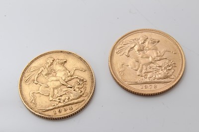 Lot 444 - G.B. - Gold Sovereigns to include Edward VII 1904 F & Elizabeth II 1978 AU (2 coins)