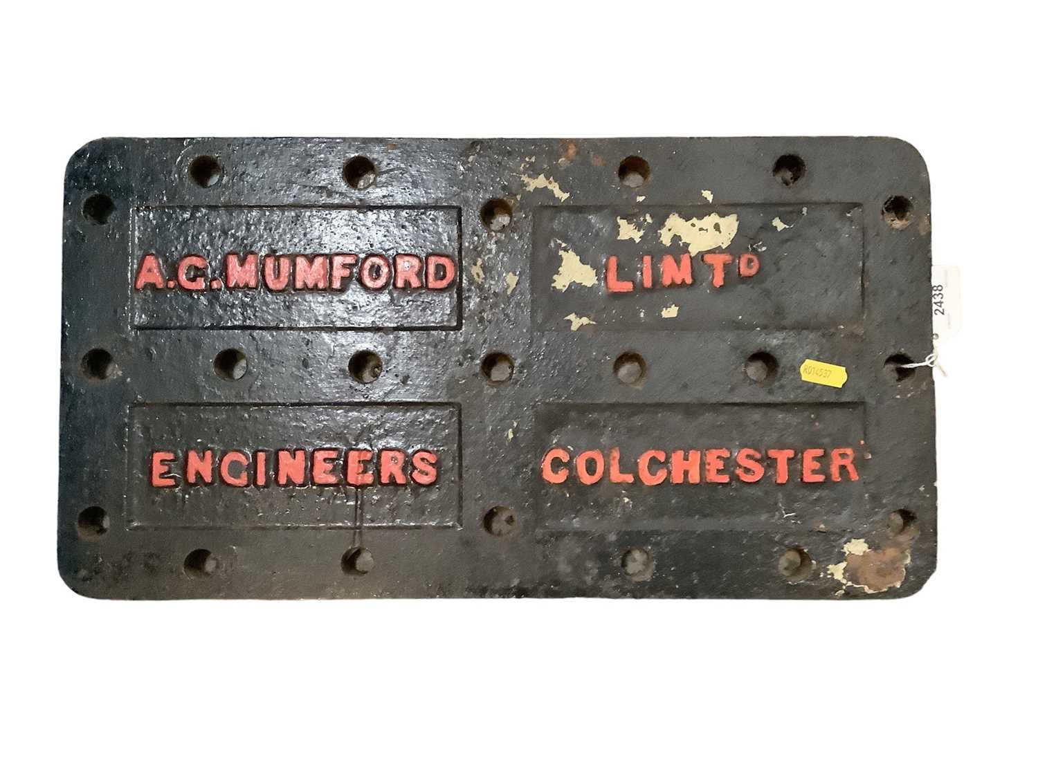 Lot 37 - Very heavy painted cast metal sign - 'A.C. Mumford Ltd - Engineers Colchester', 49.5cm x 26.5cm