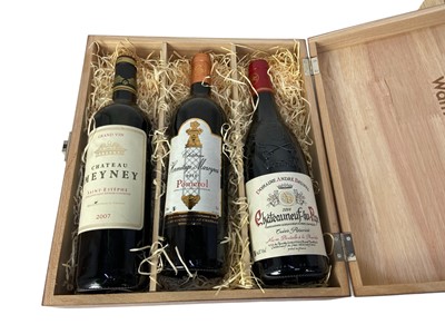 Lot 313 - Four bottles, Chateau Meyney 2007, Chateau Hermitage Maxeyres Pomerol 2012, Chateauneuf-du-Pape 2014 and Paul Jaboulet Aine Condrieu 2010