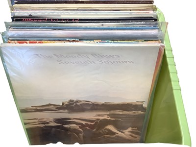 Lot 2211 - Two boxes of LP records, including Saxon, U2, AC/DC, Rainbow, Pretenders, UFO, Moody Blue, Ramones, Stranglers, Scorpions, Dire Straits and Ian Dury - some 12" singles included, conditions vary