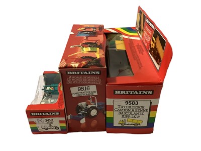 Lot 380 - Britains Ford Tractor and Yard Scraper No.9516, Jeep No.9421 & Tipper Truck No.9583, all boxed (3)