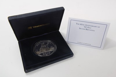 Lot 448 - G.B. - Westminster silver proof 5oz Britannia medallion commemorating 'The 65th Anniversary of VE Day' (N.B. Cased with Certificate of Authenticity) (1 medallion)