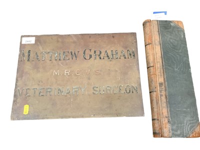 Lot 2442 - Veterinary interest: an interesting leather bound book with recipes for various treatments and medicines, together with a brass name plate, both belonging to Matthew Graham (2)