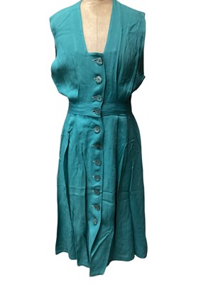 Lot 2093 - 1940's green sleeveless button-through dress with utility label CC41 and second label Londonus Super Sportswear  in Moygasmel