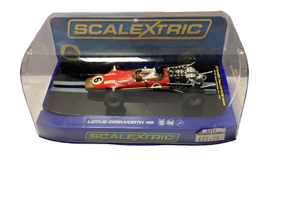 Lot 1912 - Scalextric Racing Cars Lotus 48 Graham Hill No.7 C3031, Team Lotus 49 Jo Siffert No.16 C3092, Team Lotus 49 Jim Clark No.6 C3311, Caterham 7 RD500 C3093, Caterham 7 RD500 No.19 C3133 & 1958 Vanwall...