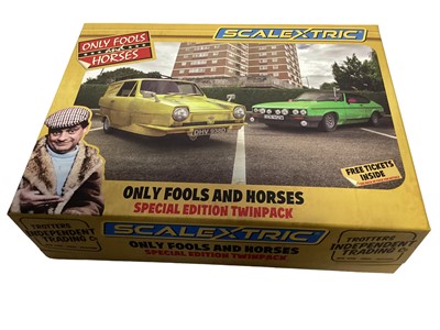 Lot 1916 - Scalextric Special  Edition twinpack Only Fools & Horses Robin Reliant Trotters Independent trading Co & green Ford Cortina, in Display Presentation box C4179A (10