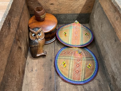 Lot 104 - Dyak hats, together with a carved wood clock and other items