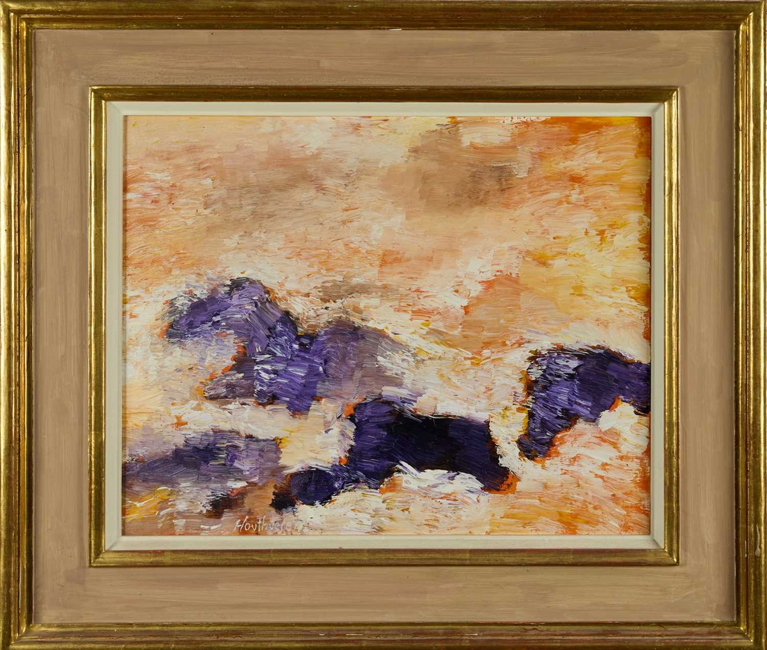 Lot 993 - Albert Houthuessen (1903-1973), acrylic on canvas, sunset sea over purple rock