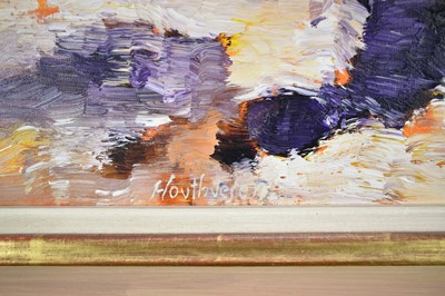Lot 993 - Albert Houthuessen (1903-1973), acrylic on canvas, sunset sea over purple rock