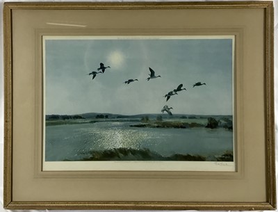 Lot 122 - Sir Peter Scott signed print - Widgeon crossing low over the creek, published by Ackermann 1950, 37cm x 54cm, in glazed frame