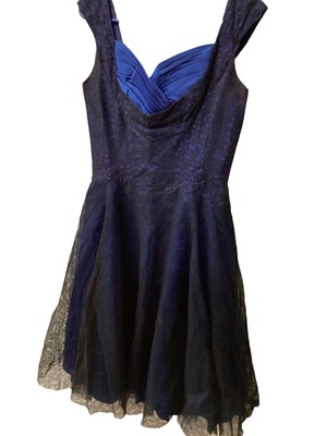 Lot 2107 - 1950s short evening dress, four layers black lace over blue net