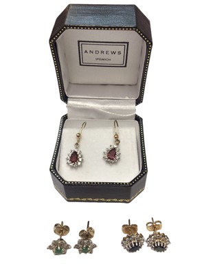 Lot 102 - Three pairs of 9ct gold diamond and gem set cluster earrings
