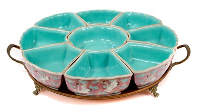 Lot 15 - Antique Chinese porcelain hors d'oeuvres set, late 19th/early 20th century, polycrome painted with flying cranes on a pink and blue ground