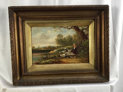 Lot 44 - Oil on canvas of a gentleman resting against a tree, signed lower left (possibly Henry Harris), 20cm x 30.5cm,  framed