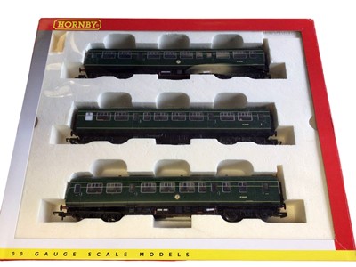 Lot 1927 - Hornby OO Gauge BR green Class 101 3-Car DMU Train Pack, boxed R2578 & Task Force Action Set, boxed R580 (2)