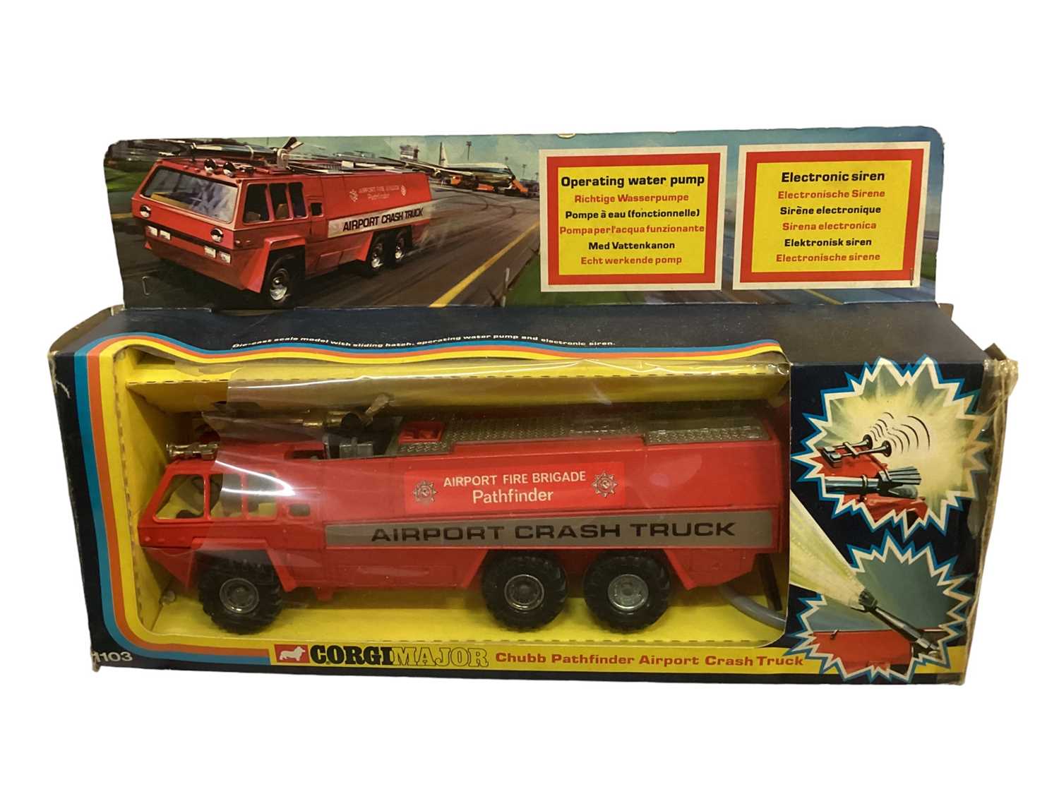 Lot 1892 - Corgi surf rescue gift set 35, mounted police set No. 44, American Lafrance aerial rescue truck No. 1143, Chubb pathfinder airport crash truck No. 1103, all boxed (4)