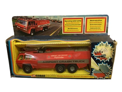 Lot 1892 - Corgi surf rescue gift set 35, mounted police set No. 44, American Lafrance aerial rescue truck No. 1143, Chubb pathfinder airport crash truck No. 1103, all boxed (4)