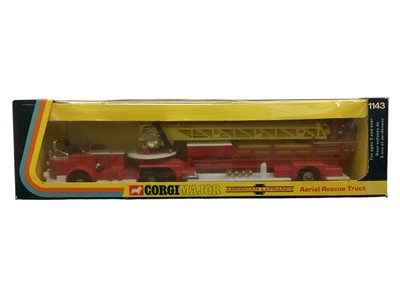 Lot 1892 - Corgi surf rescue gift set 35, mounted police set No. 44, American Lafrance aerial rescue truck No. 1143, Chubb pathfinder airport crash truck No. 1103, all boxed (4)