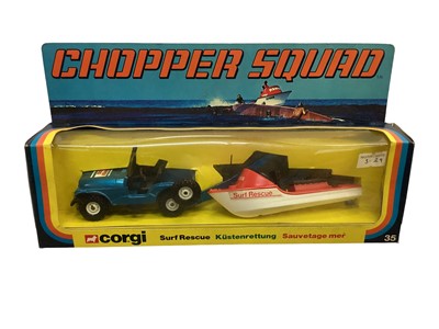 Lot 1892 - Corgi surf rescue gift set 35, mounted police set No. 44, American Lafrance aerial rescue truck No. 1143, Chubb pathfinder airport crash truck No. 1103, all boxed (4)