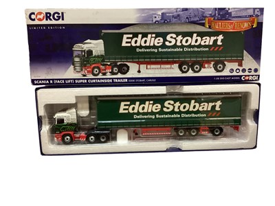 Lot 1898 - Corgi Eddie Stobart Scania super curtainsider CC13747, Matchbox M.O.Y. Gypsy caravan, London Omnibus, Wells Fargo Stagecoach, all boxed plus some unboxed buses etc. (Qty)