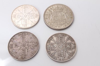 Lot 485 - G.B. - Mixed silver coins to include Victoria JH Double Florins 1887 VF, 1887 (N.B. Field marks) otherwise EF, 1890 AF & George VI Crown 1937 EF (4 coins)