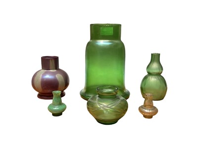 Lot 1209 - Collection of Loetz or Kralik green iridescent glass, together with a purple vase (6)