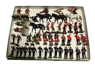 Lot 1936 - Britains metal Guards Colour Party, Drums & Bugles, Royal Marines Colour Party & Bugles, Highland Pipers & others, plus Mounted ERII with Life Guards & Farrier (approx. 110)