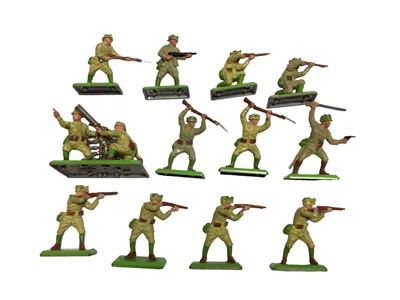 Lot 1869 - Britains Deetail WWII including Japanese, Paratroopers & Heavy Machine Gun Jeep with Howitzer, plus German Infantry, some with partial packaging (qty)