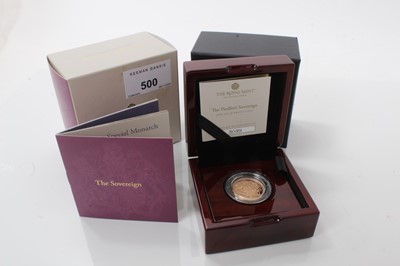 Lot 500 - G.B. - Royal Mint Queen Elizabeth II Piedfort gold proof Sovereign 'A Fitting Tribute to Her Majesty's Platinum Jubilee' 2022 (N.B. Rev: Features Royal Coat of Arms, cased with Certificate of Authe...