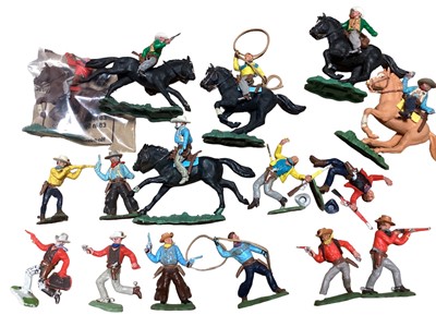 Lot 1947 - Herald Swoppet Cowboys 6 mounted & 10 foot, 7 mounted Indians, Totem Pole and spares, plus Britains Cowboys, all loose (qty)