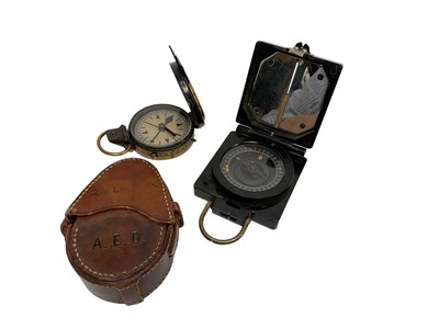 Lot 719 - First World War Officers' private purchase Verners type compass, by Elliot Bros, London, the case engraved A. E. Davidson, in a brown leather case, also stamped 'A.E.D'.