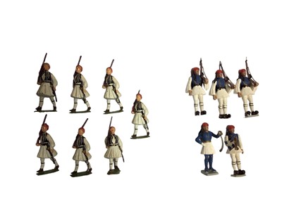 Lot 1954 - Britains lead (x7) & plastic (x5) Swiss Guards, other damaged lead soldiers, Plastic Hospital Nurses & Patients (x60), plus four Hospital beds & side cabinets (qty)