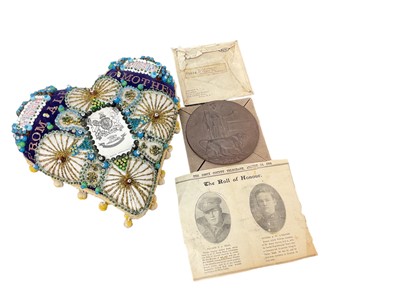 Lot 846 - First World War Memorial (death) plaque named to Alfred William Lorraine, with cardboard packet, together with a sweetheart pin cushion 'From Alf To Mother' and newspaper cutting relating to