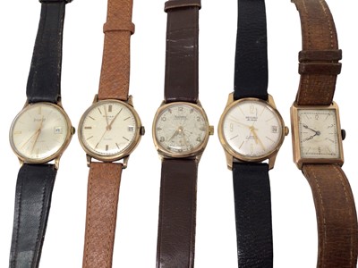 Lot 31 - Five 9ct gold cased vintage wristwatches on leather straps including Accurist, Record, Rotary Super-Sports, one other Rotary etc