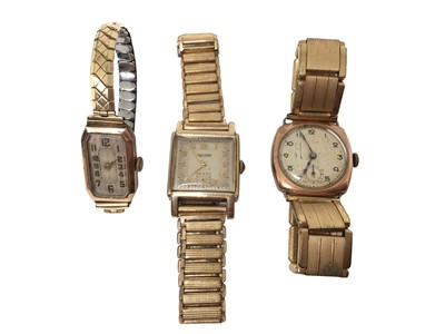 Lot 32 - Three 9ct gold cased vintage wristwatches on gold plated bracelets