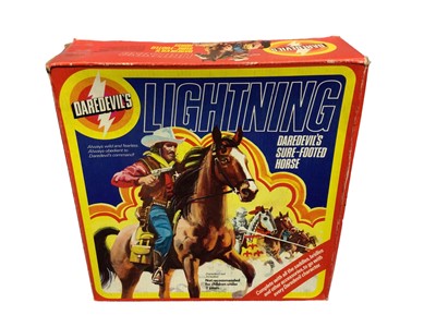 Lot 338 - Lightning Daredevil's sure footed horse, with sealed accessories for four character riders including Wild West Mexican Cavalry, Knight, Indian & Showjumping, boxed (partly crumpled) No.85071 & Dare...