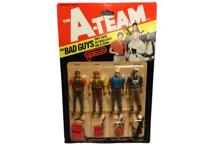 Lot 342 - Galoob c1983 A Team Soldiers of Fortune 3 3/4" four action figures pack including Hannibal, B A Barack's, Face & Murdock with weapon accessories No.8456, plus The Bad Guys four action figures pack...