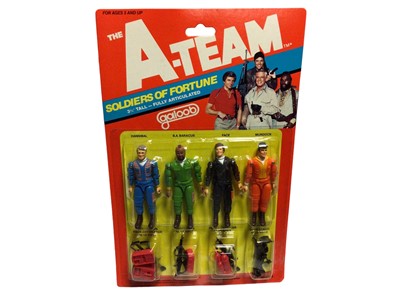 Lot 343 - Galoob c1983 A Team Soldiers of Fortune 3 3/4" four action figures pack including Hannibal, B A Barack's, Face & Murdock with weapon accessories No.8456, plus The Bad Guys four action figures pack...