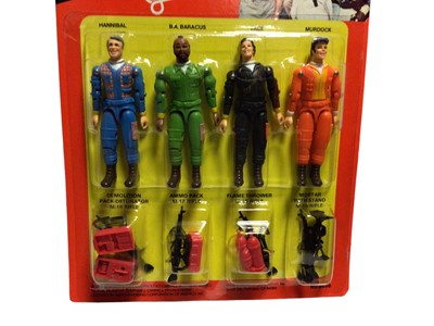 Lot 343 - Galoob c1983 A Team Soldiers of Fortune 3 3/4" four action figures pack including Hannibal, B A Barack's, Face & Murdock with weapon accessories No.8456, plus The Bad Guys four action figures pack...