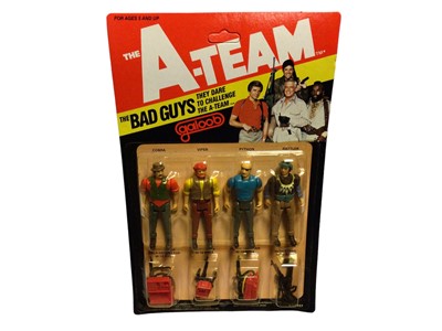 Lot 343 - Galoob c1983 A Team Soldiers of Fortune 3 3/4" four action figures pack including Hannibal, B A Barack's, Face & Murdock with weapon accessories No.8456, plus The Bad Guys four action figures pack...