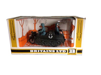 Lot 400 - Britains 1:32 Scale Kettenkrad half track motorcycle No.9780 & Afrika Korps Scout Car (x3) No.9785 (4)