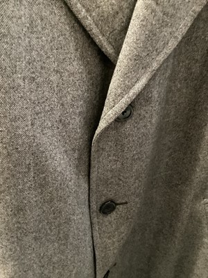 Lot 2110 - Early Burberrys men's gabardine mac with concealed buttons, button tab to cuffs and two-tone lining, Aquascutum men's grey herringbone wool overcoat and a grey pinstripe three piece suit , trouser...