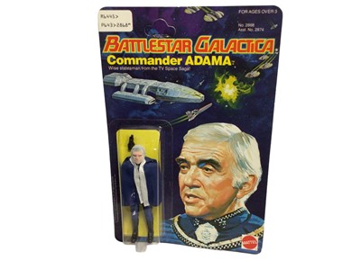 Lot 402 - Mattel 1978 Battlestar Galactica Commander Adama 4" action figure with colonial blaster & cloth cape, on Series 1 card and blister pack No.2868 (1)