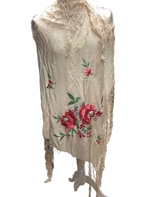 Lot 2115 - Cream fringed shawl with satin stitch flowers c.1930s, gold fringed evening shawl and a black net wrap with appliqued flowers.  plus a small seelction of leather gloves.