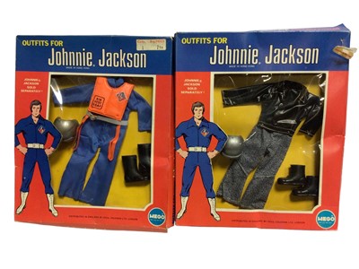 Lot 416 - Mego Corp c1971 Johnnie Jackson Adventure Hero Air Force, Scramble Cyclist & Snowmobile Outfits, all in window box (partly squashed), plus Water Scooter & Fire Rescue Pack both in window box (5)